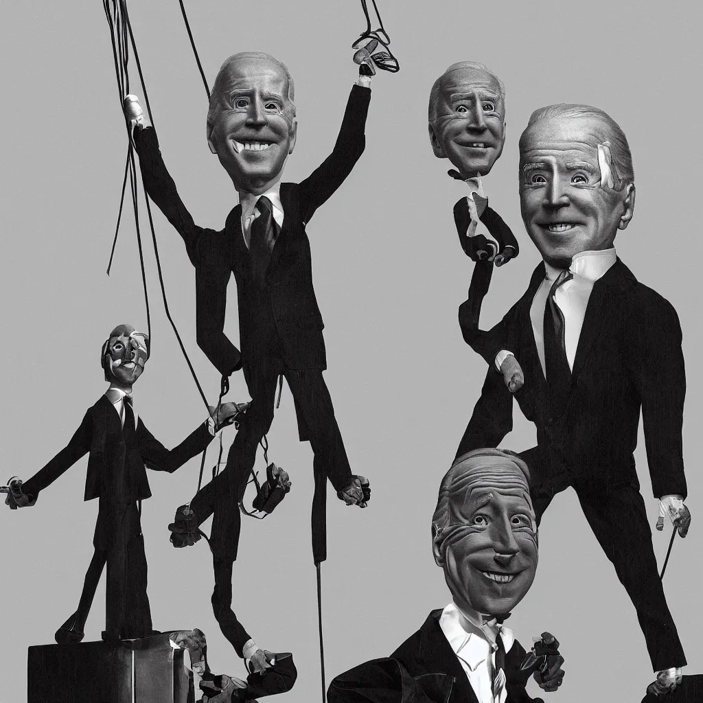 Image similar to Joe Biden as a marionette, shadowy corporate CEO holding the strings, digital art, ominous atmosphere, highly detailed, low angle