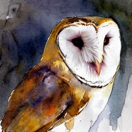 Image similar to a barn owl, watercolor with dripping paint, soft colors, style of anders zorn