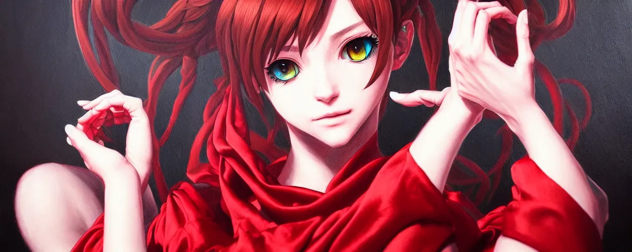 Image similar to a portrait of catgirl wearing red silk dress an ultrafine detailed painting, detailed painting, detailed eyes!!, final fantasy octopath traveler realistic hands ghibly