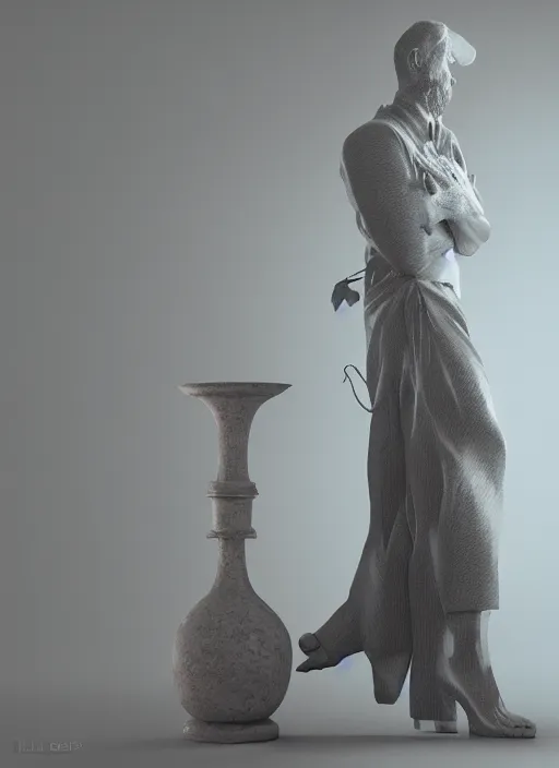 Image similar to a sculpture of a man standing next to a tall vase, a raytraced image by Hikari Shimoda, polycount, video art, vray tracing, ray tracing, rendered in unreal engine