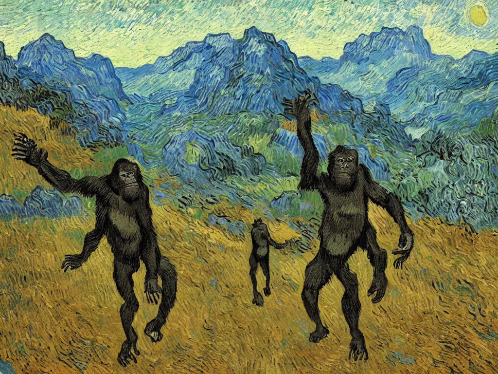 Prompt: bright beautiful oil painting of a primitive ape tdancing in a valley with giant black monoliths at sunrise, light scatter, van gogh