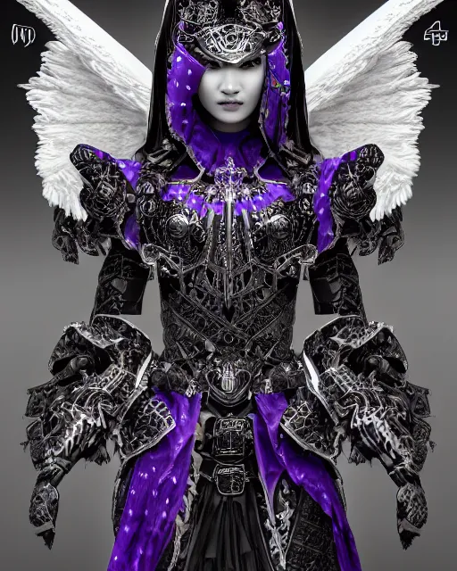 Image similar to Detailed portrait of the strangest angel, black and white armor, unique design, by Yun Taek Oh, fine details, pretty face, beautiful violet eyes, inside a palace, perfect, colorful background, 8k high detail, intricate, sharp focus, masterpiece, trending on artstation