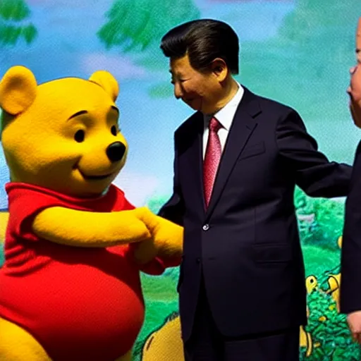 Image similar to winnie the pooh and xi jinping shaking hands in front of press