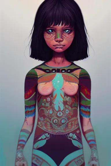 Image similar to little girl character inspired in indigenous and raven, digital art by ruan jil and lois van baarle highly detailed, anatomically correct, symmetrical, experimental design, extremely coherent