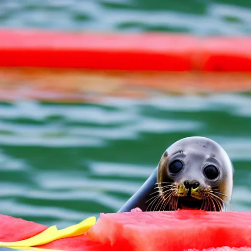 Prompt: a baby seal with a yellow tie eating watermelon in the harbor