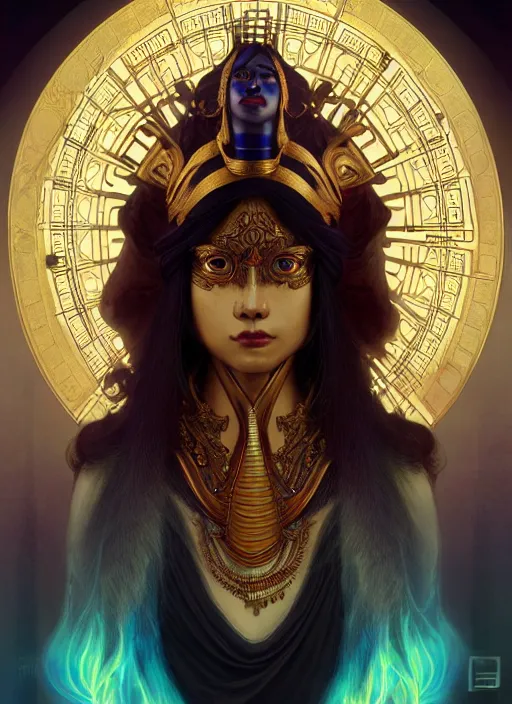 Image similar to angry god shu, bronze skin tone and egyptian wig, pharaoh beard, glowing eyes, volumetric lights, cyan and gold scheme, art nouveau botanicals, gothic, intricate, highly detailed, digital painting, artstation, concept art, smooth, sharp focus, symmetric face, illustration, steampunk, art by artgerm and greg rutkowski and alphonse mucha