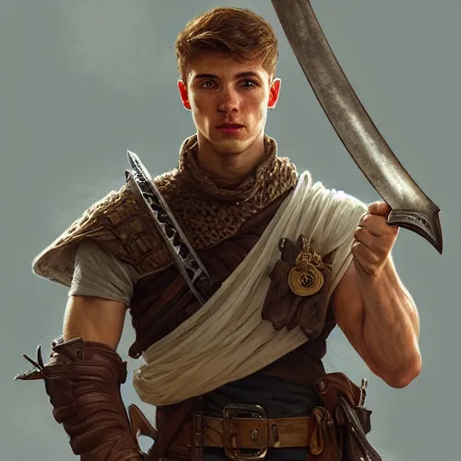 Image similar to portrait of a young rugged ranger holding his longsword up, hands, muscular, upper body, D&D, fantasy, intricate, elegant, highly detailed, digital painting, artstation, concept art, smooth, sharp focus, illustration, art by Artgerm and Greg Rutkowski and Alphonse Mucha