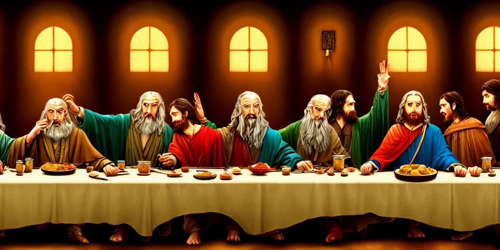 Image similar to lord of the rings last supper by wes anderson, digital painting, trending on artstation, sharp focus, 4 k