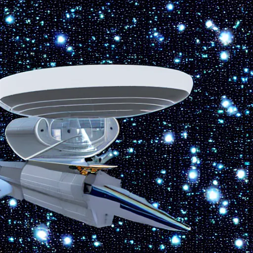 Prompt: Star Ship Enterprise NCC1701 flies into the Lorentz Attractor, 70mm film, practical effect, model