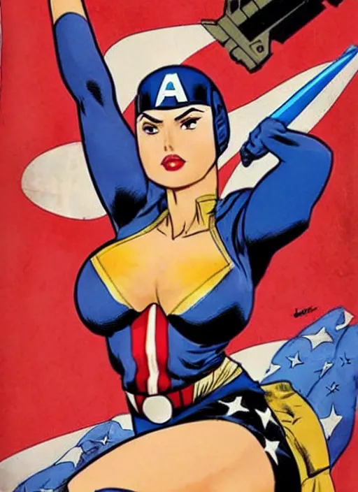 Prompt: arab female captain america. feminist captain america wins wwii. american wwii propaganda poster by masamune shirow, rob liefeld and pixar. gorgeous face. pin up model. overwatch.