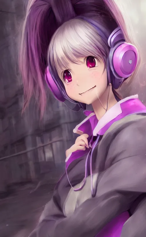 Image similar to anime girl with pink ponytail, wearing purple headphones, wearing a green sweater, with a smile on her face and her eyes closed, walking down a street, dynamic lighting, photorealistic fantasy concept art, trending on art station, very detailed, anime concept art, stunning visuals, creative, cinematic, ultra detailed