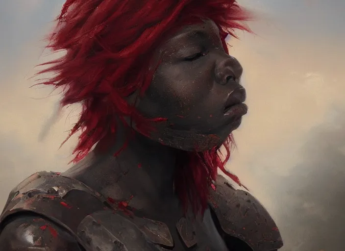 Image similar to landscape, portrait painting beautiful realism, an african girl red hair in wood armor who was sprawled out was about to rise, his face covered in blood. cinematic scene, good lighting, fine art, trending on artstation, smooth draw, sharp focus.