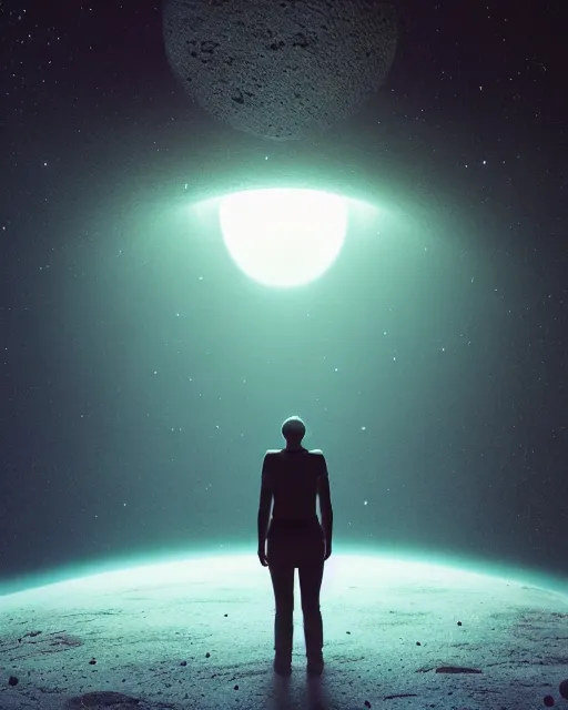 Prompt: a person standing in front of a glowy open door that's on a barren moon, poster art by mike winkelmann, trending on cg society, space art, sci - fi, ue 5, futuristic, volumetric lighting, light casting onto the ground, neat composition and camera angle