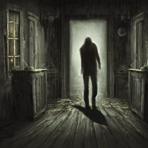 Prompt: a man walks through a haunted house, dark, creepy, detailed, digital art