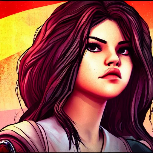 Prompt: selena gomez portrait, borderlands, tales from the borderlands, the wolf among us, comic, cinematic lighting, studio quality, 8 k