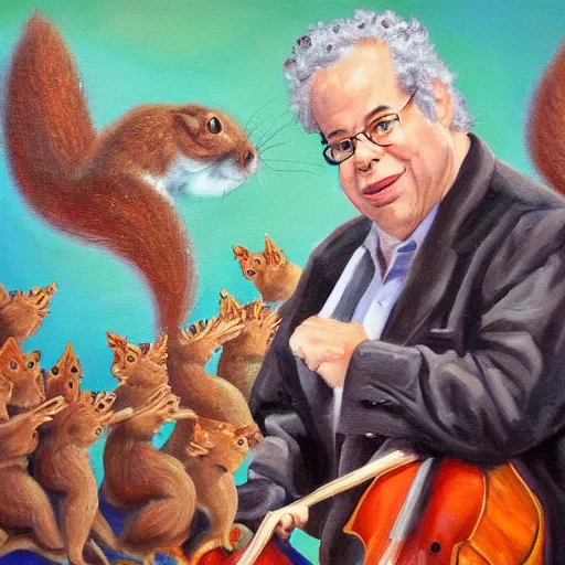 Image similar to An oil painting of Itzhak Perlman performing with a symphony of squirrels.