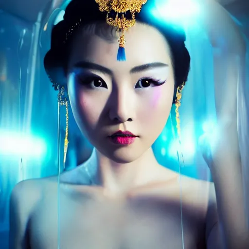 Image similar to photo shoot pose photo of beautiful realistic Chinese ancient princess standing in the corridor in the space ship, attractive symmetrical face, big eyes and lips, subtle makeup, clean face and body skin,ecstatic face expression, ornamental jewelry and ancient translucent clothes, futuristic space ship interrior, wires with lights,depth of field, lens flare, moody lighting, moody photography, old photo, black and white, sepia, cinematic lighting, cinematic angle, editorial photography