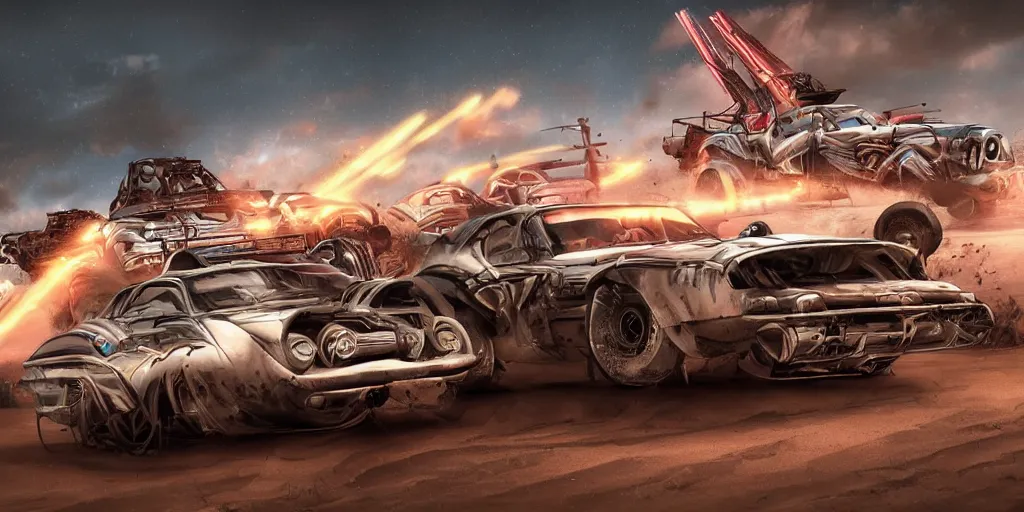 Image similar to hyperdetailed vaporwave style motor race in Madmax style, trending on artstation