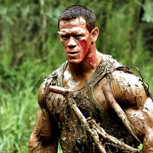 Image similar to film still of john cena as major dutch, covered in mud and hiding from the predator predator predator in swamp scene in 1 9 8 7 movie predator, hd, 4 k