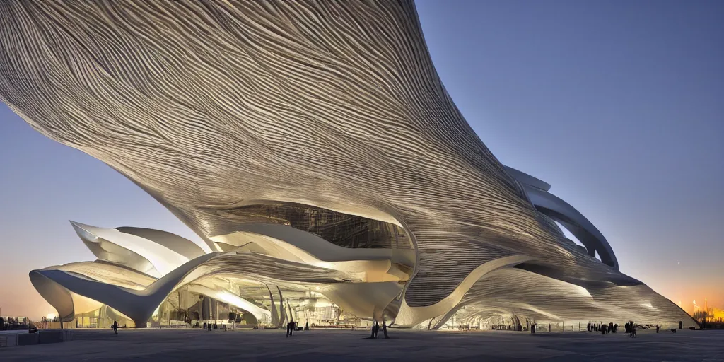 Image similar to extremely detailed ornate stunning sophisticated beautiful elegant futuristic museum exterior by Zaha Hadid, stunning volumetric light, stainless steal, concrete, translucent material, beautiful sunset, tail lights