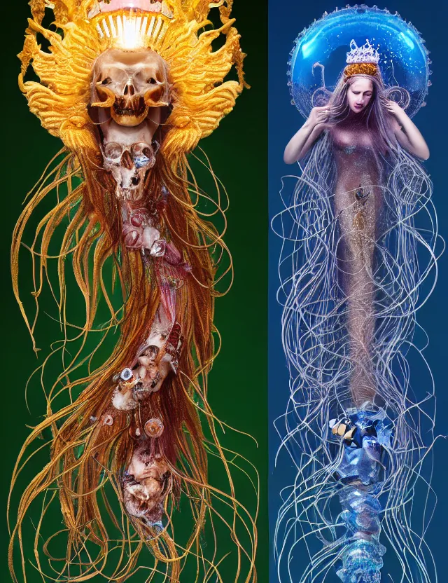 Image similar to goddess macro shouler portrait from bottom to top in crown made of ram skull. betta fish, jellyfish phoenix, bioluminiscent, plasma, ice, water, wind, creature, super intricate ornaments artwork by tooth wu and wlop and alex prager and greg rutkowski