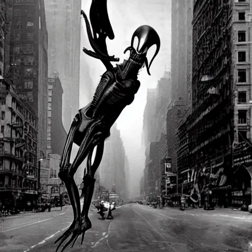 Image similar to old black and white photo, 1 9 1 3, depicting a xenomorph from the movie aliens rampaging through the bustling streets of new york city, historical record