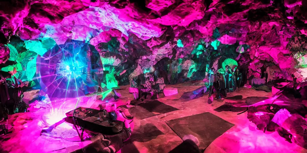 Prompt: goth disco in a cave with pink lasers and blue crystals forming a sphere of knives