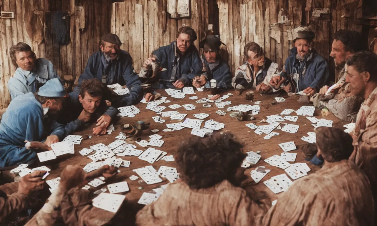 Prompt: color photograph of 5 people playing cards in a shack