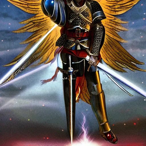 Image similar to An archangel man standing in a medieval battlefield points a white fantasy sword towards the sky with a beacon of light coming down to refract off of the swords tip into shattered beam fragments around his body