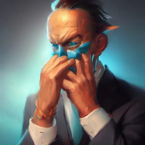 Prompt: portrait of corporate misery, holding his face in his hands, in the style of peter mohrbacher, artgerm, blue dramatic lighting and composition, octane render, trending on artstation, concept art 8 k