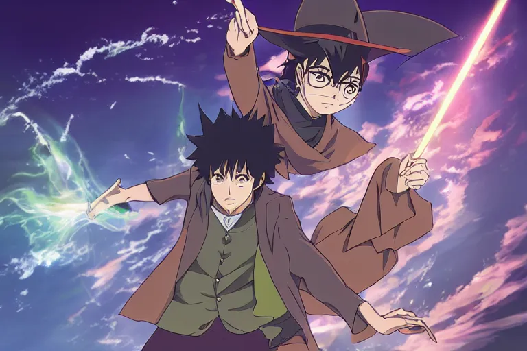 Image similar to cell shaded anime key visual of two apprentice wizards dueling, casting magic spells, in the style of studio ghibli, moebius, makoto shinkai, dramatic lighting