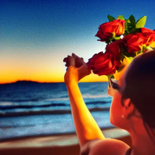 Prompt: cinematic shot of the singer Seal holding a bouquet of roses on a beach at sunset, highly intricate, highly detailed,