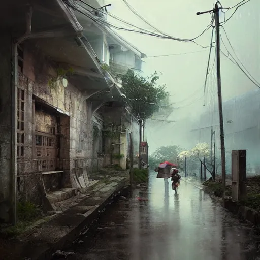 Image similar to walking around dilapidated ikeshima island, nagasaki, japan. volumetric lighting, rain, spring middag, dark overcast weather, realistic illustration, perfectly shaded, soft painting, art by krenz cushart and wenjun lin