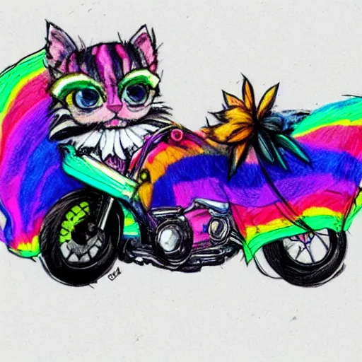 Image similar to wide angle full body, jacket wearing fluffy cute rainbow kitten wearing a black leather motorcycle jacket, concept art