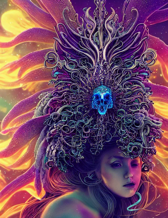 Image similar to goddess phoenix macro close - up portrait with crown made of ram skull. phoenix, betta fish, jellyfish, bioluminiscent, plasma, ice, water, wind, creature, super intricate ornaments artwork by tooth wu and wlop and beeple and greg rutkowski