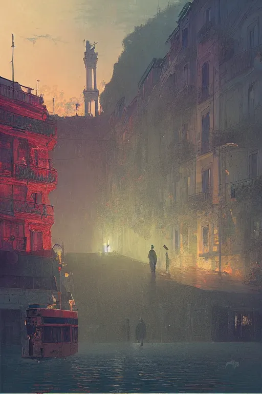 Image similar to The City of Lisbon by Beeple, grimshaw, thomas cole, ismail inceoglu, winslow homer, greg rutkowski, gerald brom, marc simonetti, simon stalenhag, anton fadeev, donglu yu