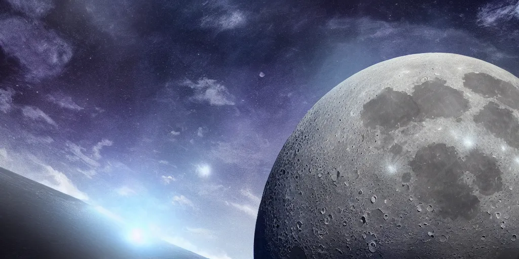 Prompt: extremely high resolution photo of the surface of the moon, digital art, science fiction, stars, a big planet visible, many meteors, azure colors, artstation, beautiful render