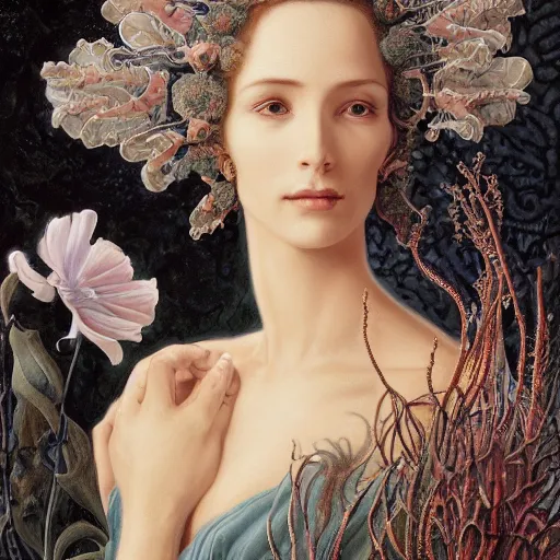 Prompt: facial portrait of a young pretty woman in flowing dress, arrogant, mysterious, long fine flowing hair, delicate, looking at camera, slightly awkward smile, realistic face, hands behind back, intricate, stylish, elegant, grimdark fantasy, flowers, extremely detailed painting by Gerald Brom and Ernst Haeckel and Greg Rutkowski