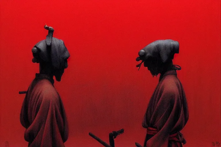 Image similar to only with red, a red samurai harakiri, tokio, a lot of frogs watch, in the style of beksinski, parts by edward hopper, parts by rodcenko, parts by yue minjun, intricate and epic composition, red by caravaggio, insanely quality, highly detailed, masterpiece, red light, artstation, 4 k