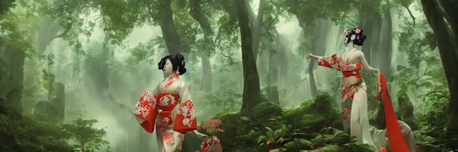 Image similar to a beautiful 3 d render of a giesha goddess wearing a kimono + holding a japanese fan, innovative avant - garde art, deco fashion, photorealistic + in a serene forest setting!!!!!!!, concept art, award winning, 4 k, rule of thirds, volumetric lighting, hyper detailed, octane render