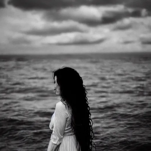 Image similar to A woman. melancholic. in the middle of the ocean. detailed. photorealism. granular photography. tumultuous sea. cloudy. long wavy hair. long wavy white dress. black and white. 24mm lens. shutter speed 4/1. iso 100. f/2.8 W-1024