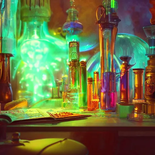 Prompt: the alchemist in his laboratory, countless colorful potion bottles glowing in the dark, fantasy painting, octane render, trending on artstation, artstationHD, artstationHQ, unreal engine, 8k