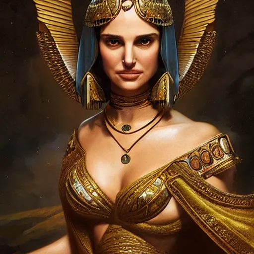 Prompt: a closeup portrait of a young natalie portman as cleopatra, gorgeous view, pyramid background, high detail, art by artgerm and greg rutkowski and alphonse mucha, digital art, trending on artstation