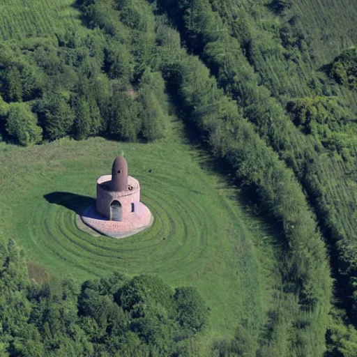 Prompt: Belltower of Burg Güssing in Südburgenland. Aerial photograph of landart installation by Christo Vladimirov Javacheff.