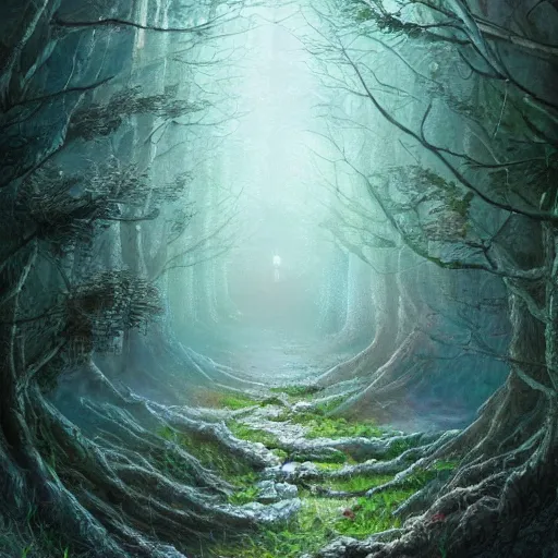 Prompt: corridors through fantasy forest dreamscapes, highly detailed painting, illustration, trending on artstation