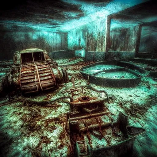 Image similar to abandoned rusty underwater theme park, surreal, horror, eerie, creepy, murky water, underwater, underwater photography,