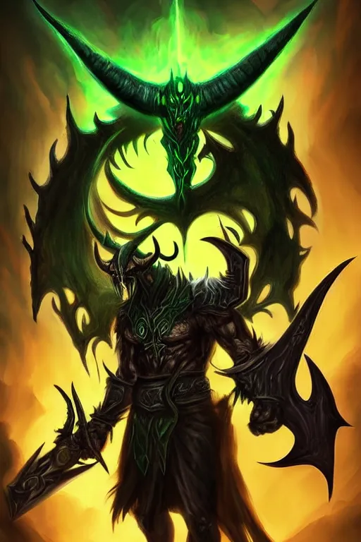 Prompt: illidan the demon hunter with band that cover his eyes with demon wings from world of warcraft with background digital painting trending on artstation