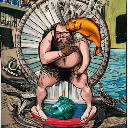 Prompt: by martin kippenberger, by steve dillon curvaceous, harrowing. a installation art of a mythological scene. large, bearded man seated on a throne, surrounded by sea creatures. he has a trident in one hand & a shield in the other. behind him is a large fish. in front of him are two smaller creatures.