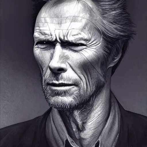 Image similar to character portrait of clint eastwood, lean face, cinematic lighting, glowing grey eyes, hyper - detailed, 4 k, high resolution, in the style of charlie bowater, tom bagshaw, single face, symmetrical, headshot photograph, insanely detailed and intricate, beautiful, elegant, watercolor, cinematic, portrait, raphaelite, headroom, pierre - auguste renoir