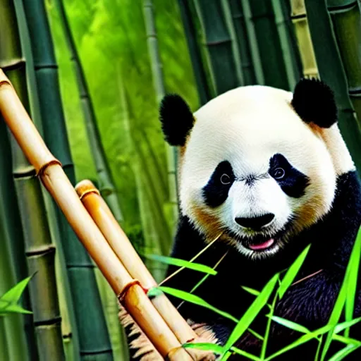 Prompt: a cute panda playing wooden flute in a bamboo forest